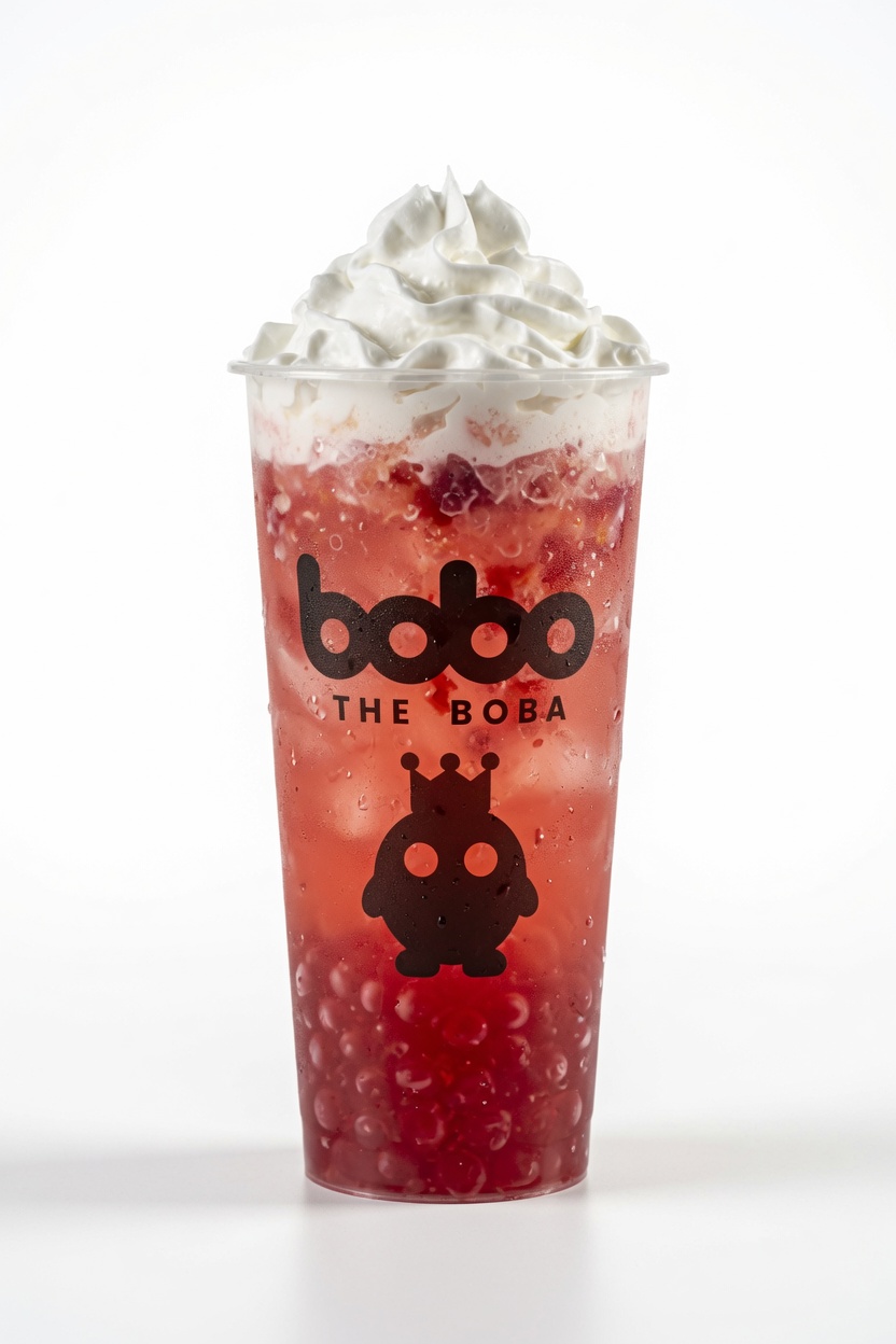 Strawberry boba drink with whipped cream