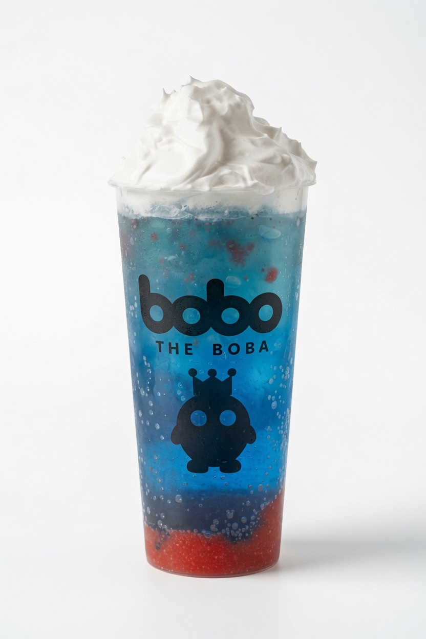 Layered blue and red butterfly pea drink with whipped cream