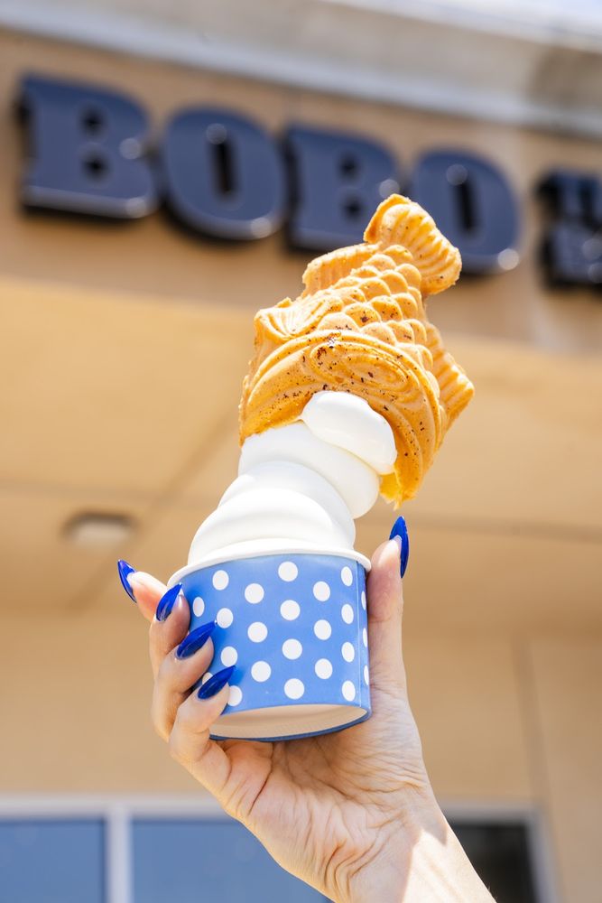 Taiyaki soft serve in front of the Bobo storefront