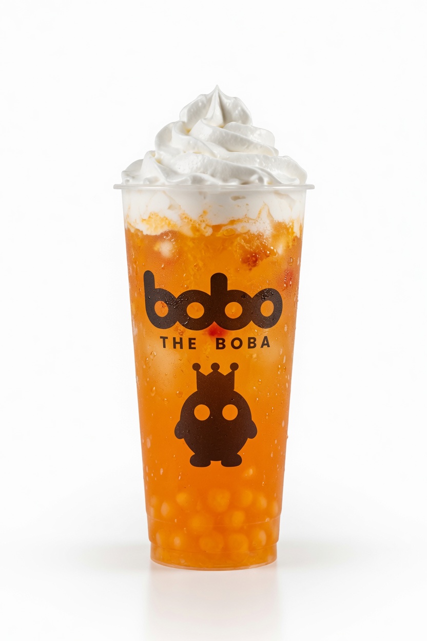 Mango boba tea topped with whipped cream